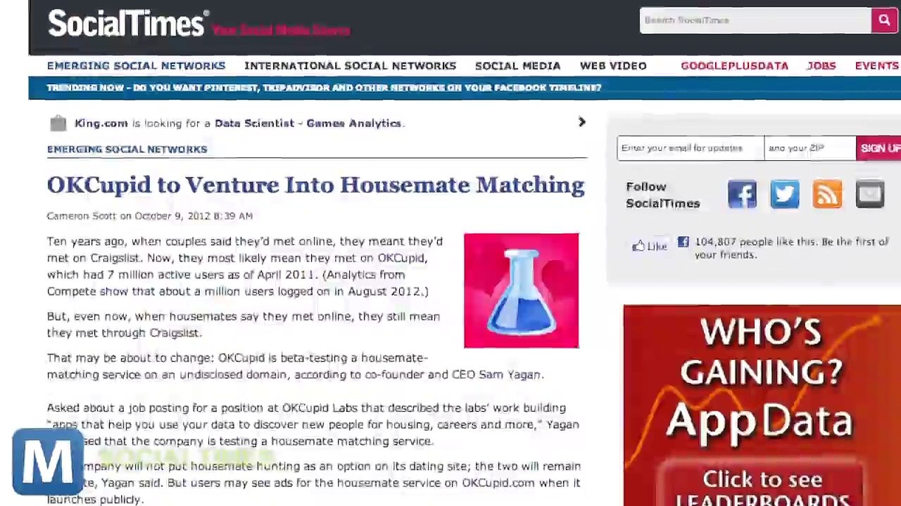 Online Dating Site OKCupid Ventures into Roommate Matching