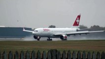 SWISS AIR AIRBUS 330 LANDING Blasting Rain on a WinDY DAY