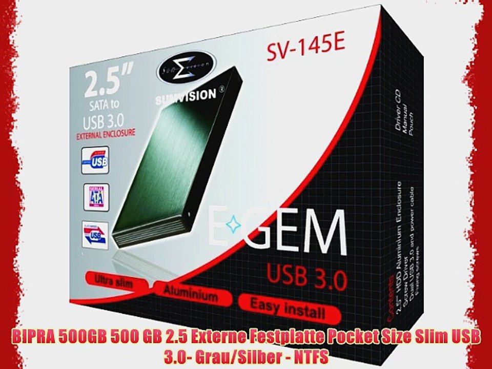 BIPRA 500GB 500 GB 2.5 Externe Festplatte Pocket Size Slim USB 3.0- Grau/Silber - NTFS