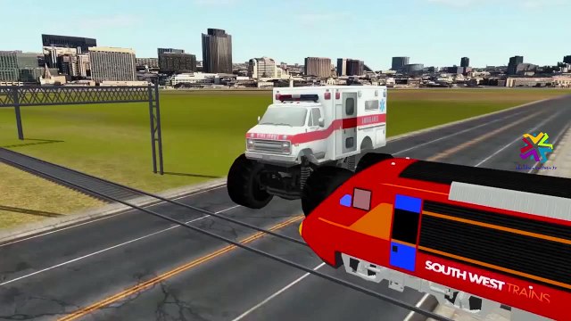 Ambulance Monster Trucks Cartoons Crushing Car | Bullet Train Crushing Monster Trucks for
