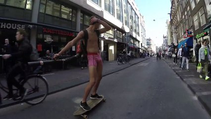 Man does Longboard with Leafblower in Amsterdam