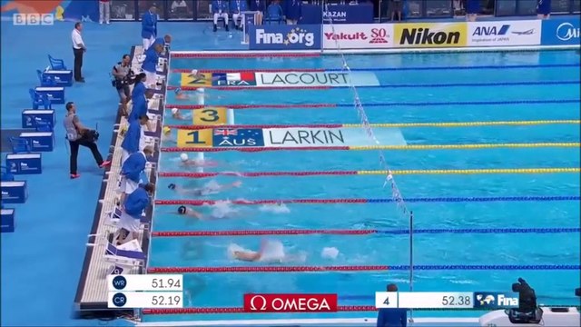 100m dos H (demi-finales) - ChM 2015 natation, Stravius (out) et Lacourt (52.70)