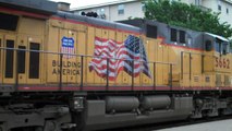 Ferromex, Union Pacific, HLCX, and CSX lead a mixed freight through Austin's Amtrak Station