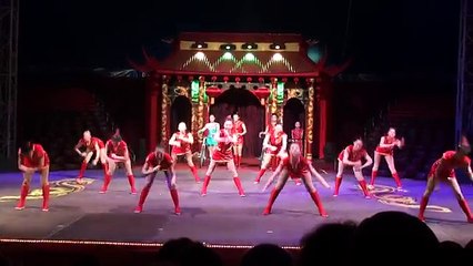 Chinese circus. The show of girl gymnasts on bicycles