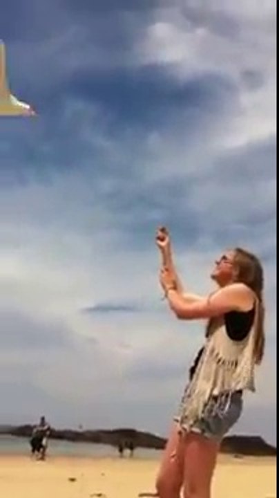 Une fille attrape un goéland à la main sur la plage de Saint-Malo!