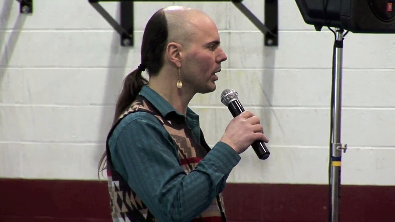 Crit Callebs speaking at the Tsleil-Waututh Nation Solidarity Night.