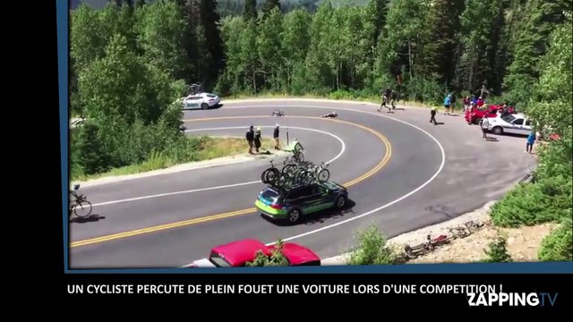 Horrible chute, d'un cycliste qui percute violemment une voiture lors d'une compétition