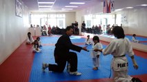 Un petit garçon tente désespérément de casser une planche au Taekwondo