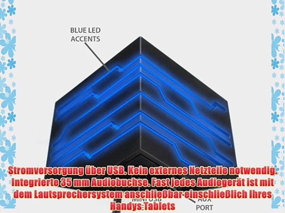 Tragbare 2.0 PC-Lautsprecher / mini-Boxen (2 St?ck) mit USB-Anschluss im blau leuchtenden LED-W?rfel-Design