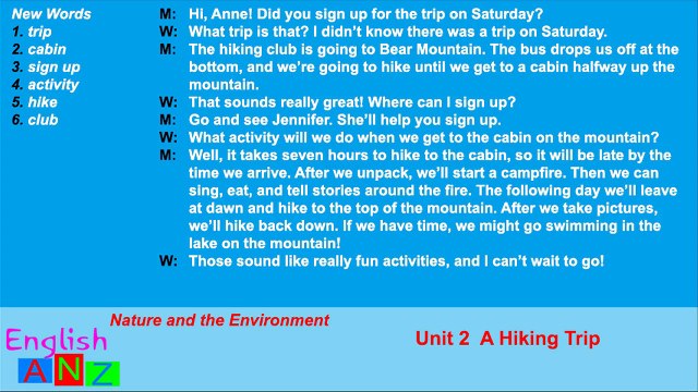 Unit 2 - A Hiking Trip - Listening Practice Through Dictation 2
