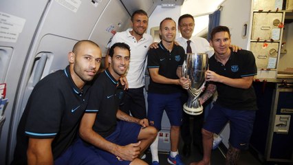 FC Barcelona - Super Cup celebration on the plane home