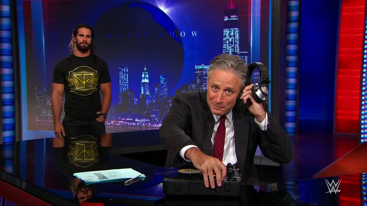 Seth Rollins surprises Jon Stewart with a custom 'The Daily Show' WWE World Heavyweight Championship