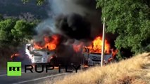 RAW: Trucks set ablaze by suspected Kurdish PKK militants, gunfire heard