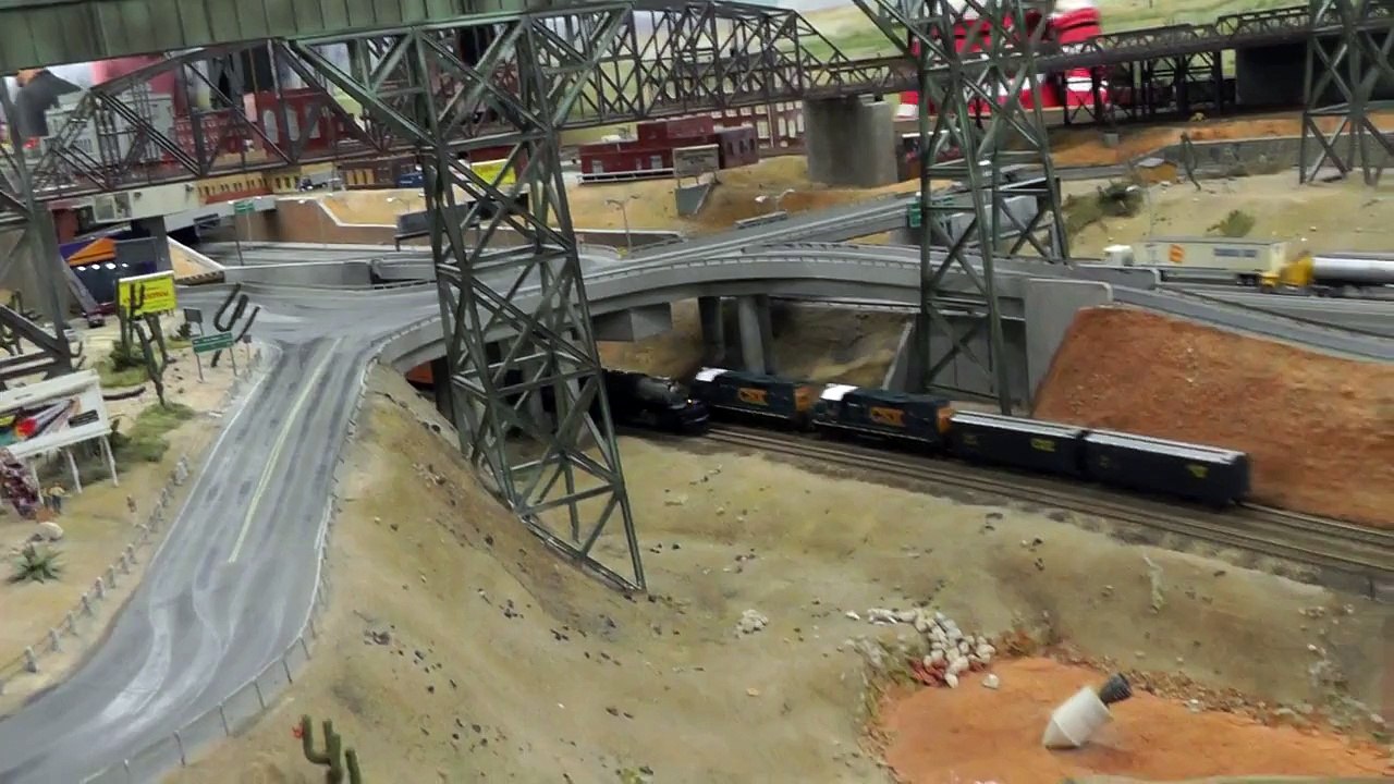 HO scale Märklin or Trix Big Boy and US trucks, and another train as well, in Hamburg, Germany