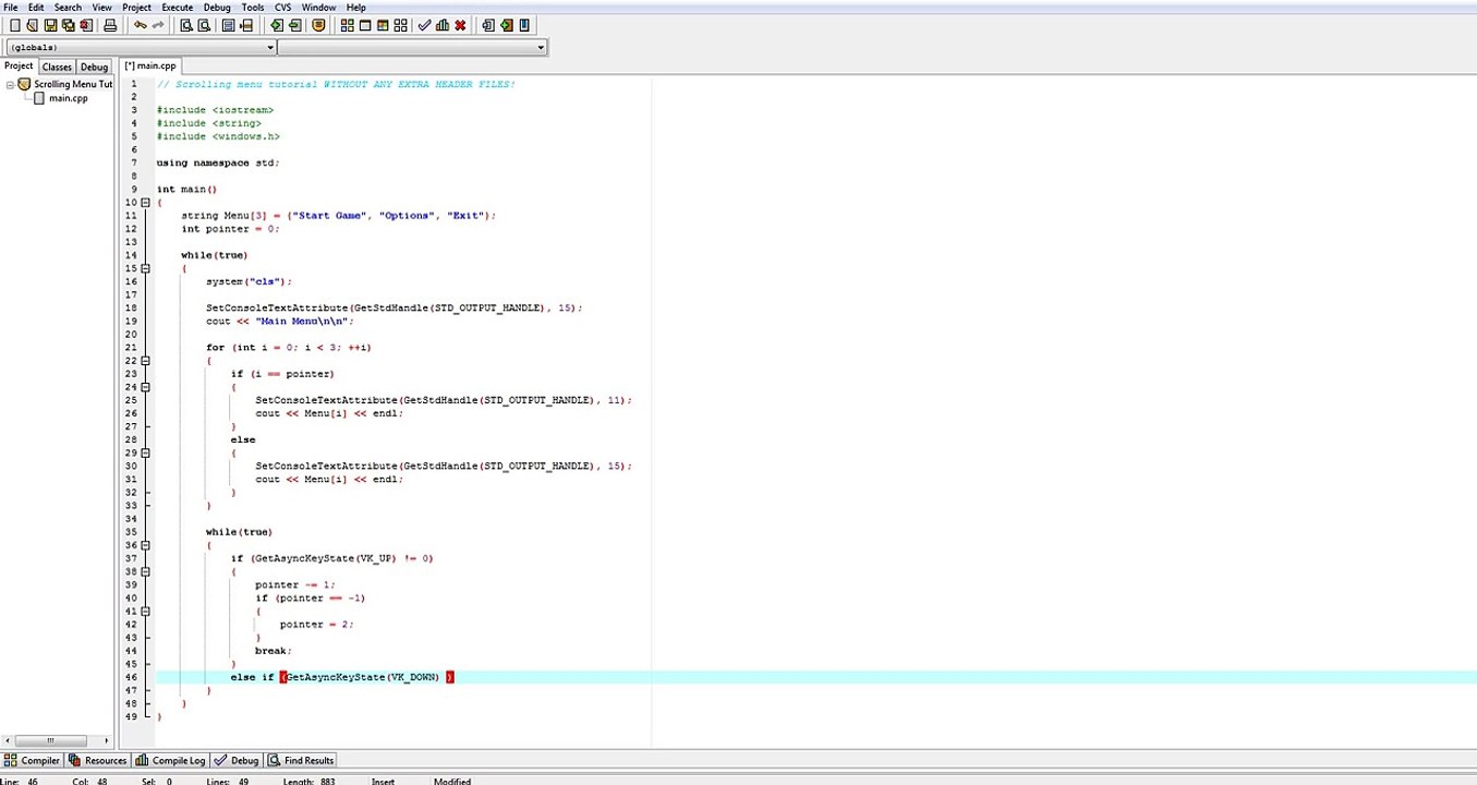 How to make a scrolling menu in c++