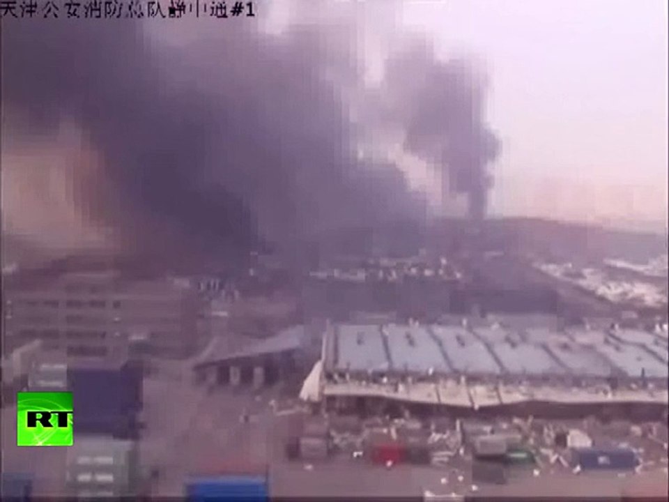 Aerial footage- Tianjin blast’s devastating aftermath - thick smoke, raging fire