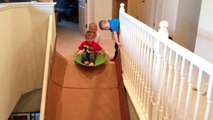 Sledding Down Staircase Box Slide - Funny Babies