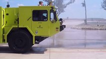 Crash Rescue Fire Truck P19 ARFF Shooting Water Prior to Load Emptying Tank