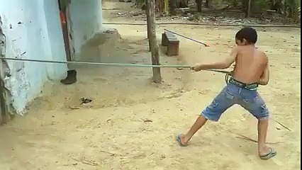 He is Pulling something with rope:watch till end you will roll on floor