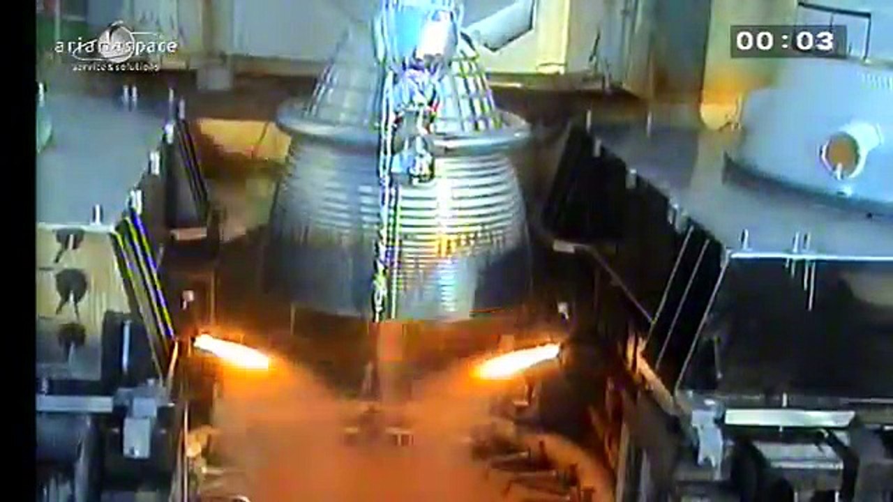 Liftoff of Ariane 5 with EUTELSAT 25B/Es'hail 1 and GSAT-7