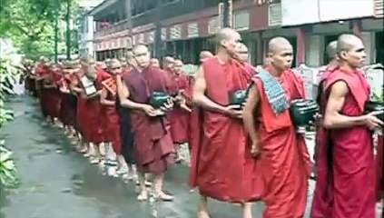 Monks queued up to eat, Mandalay, Myanmar