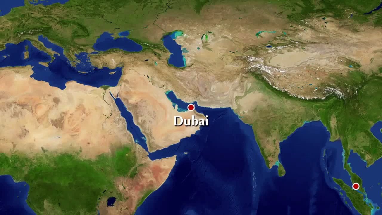 Dubai to Kuala Lumpur,taxi and take off,view over Dubai