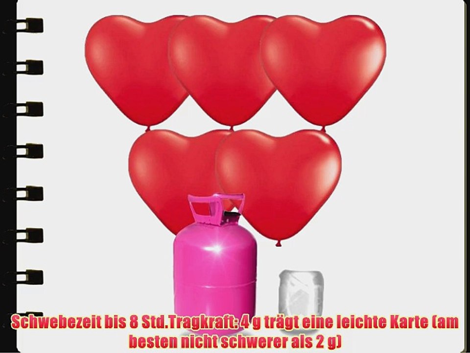 Helium Ballongas Einwegflasche mit 25 roten Herzballons ?30 cm Schwebezeit bis 8 Std.Tragkraft: