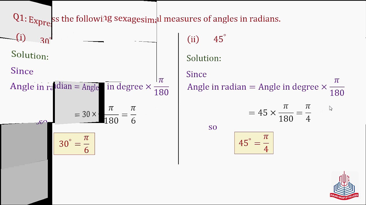 Question No. 1 (Conversion of  degrees into Radians)