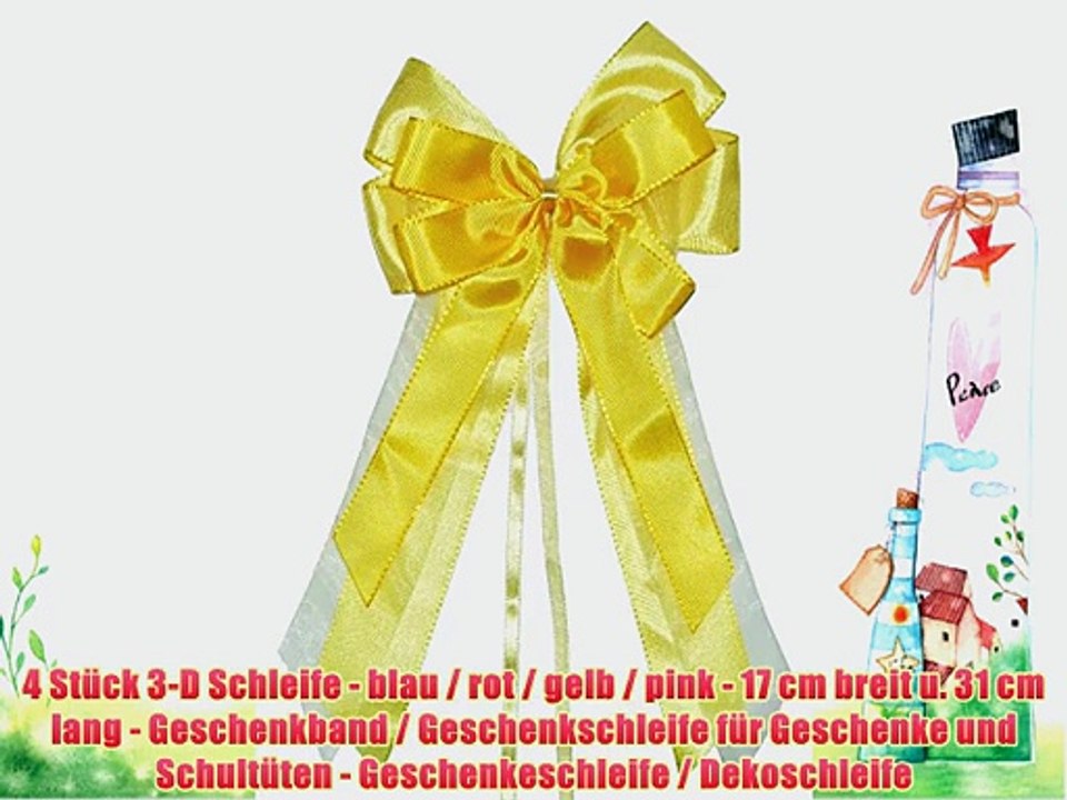 4 St?ck 3-D Schleife - blau / rot / gelb / pink - 17 cm breit u. 31 cm lang - Geschenkband