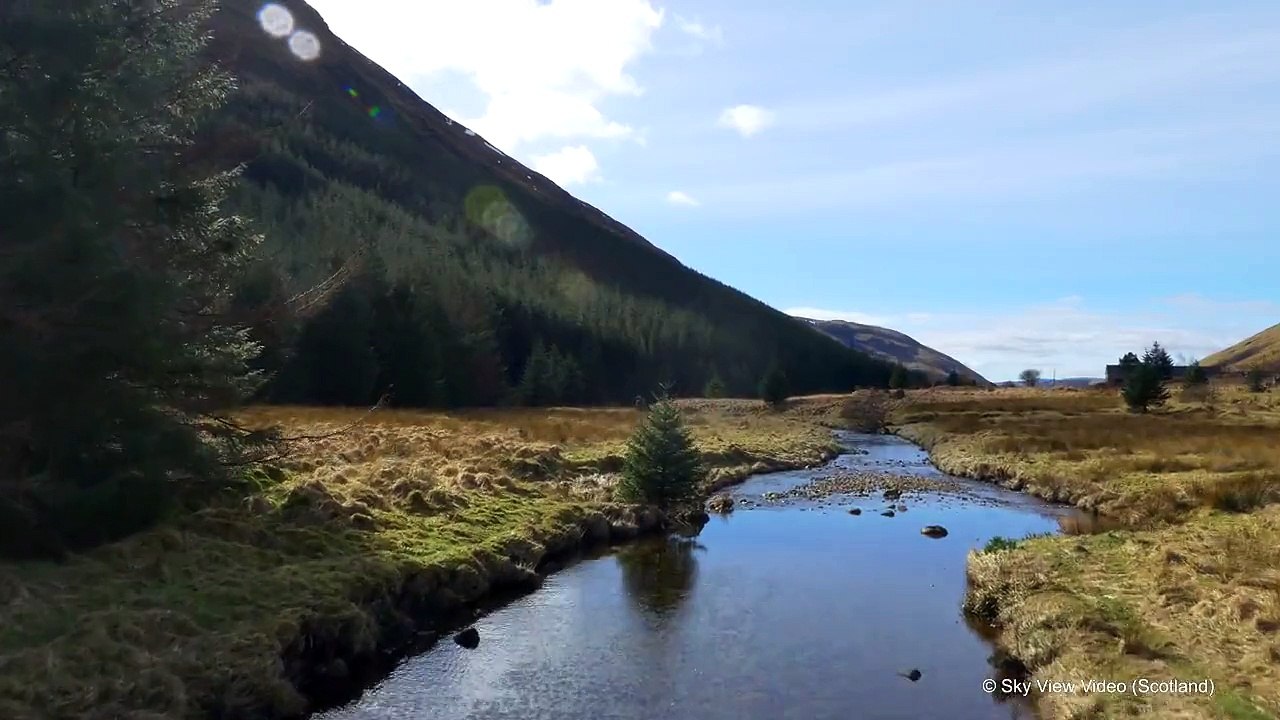 "The Bridge",  Kinglas Water, Argyll, Scotland, (4k Aerial Video)