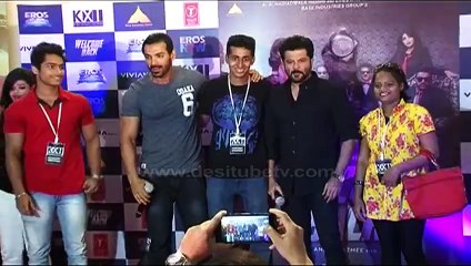 John Abraham and Anil Kapoor dance during a promotion of their movie 'Welcome Back' at the Viviana Mall
