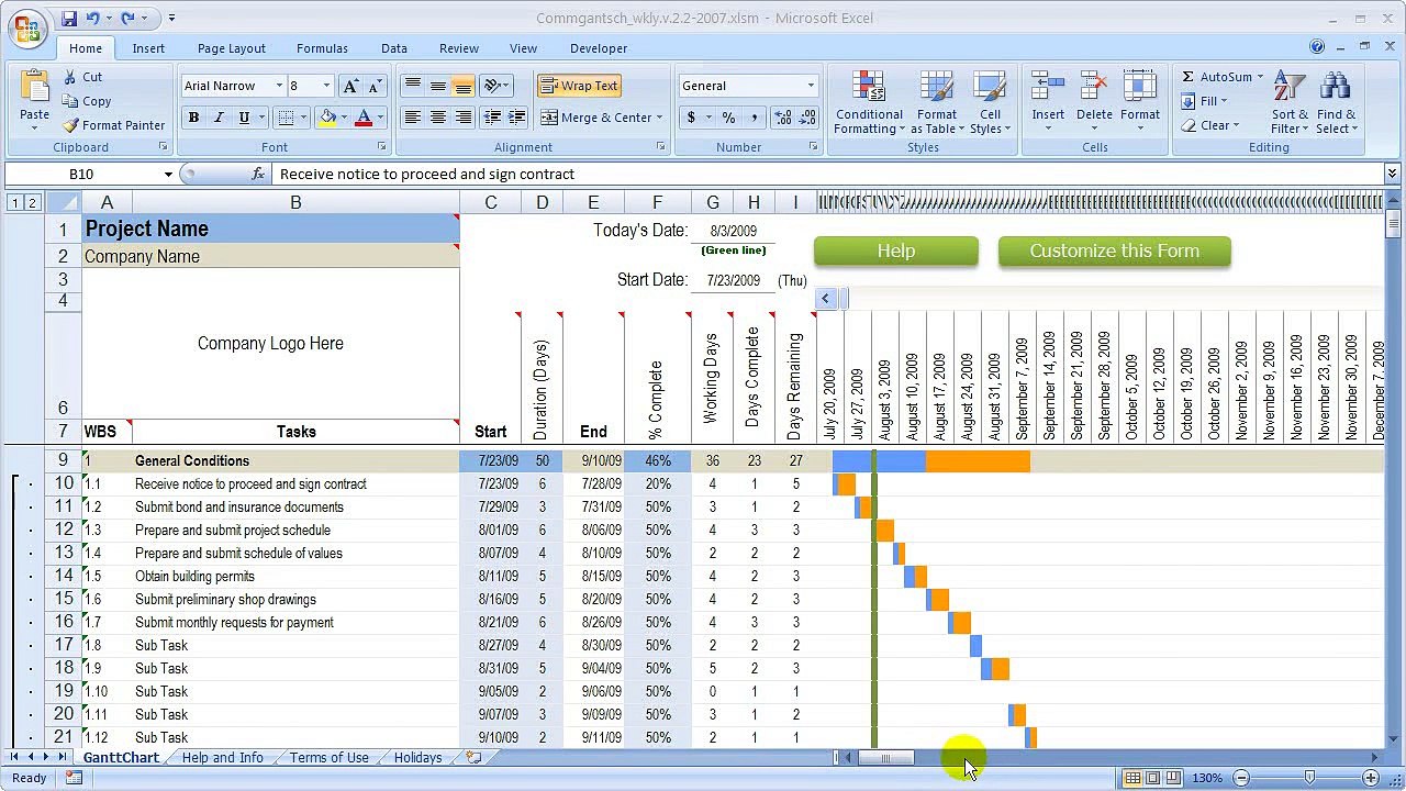 Change colors in gantt chart in Excel workbook