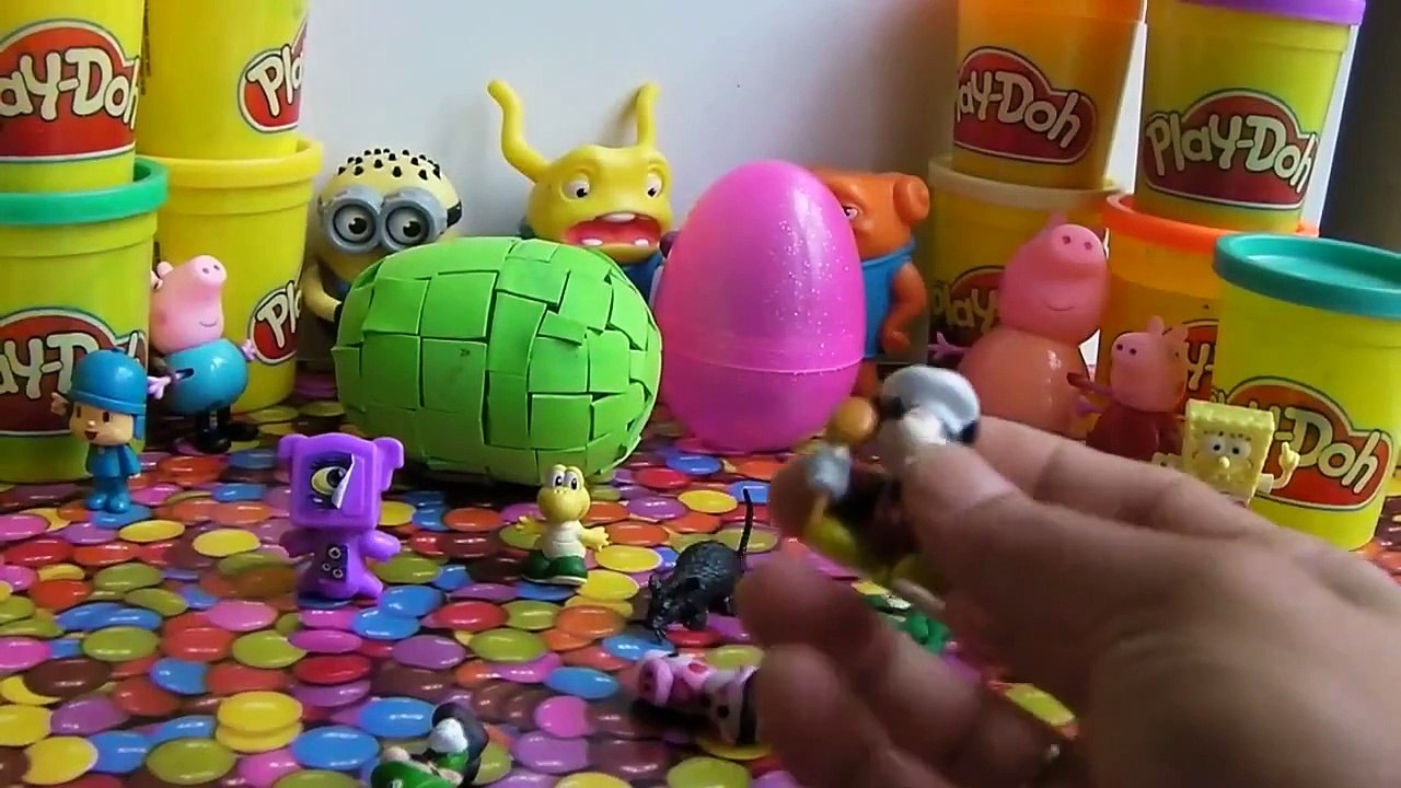 Despicable me minions peppa pig surprise eggs play doh pocoyo spongebob shrek angry birds