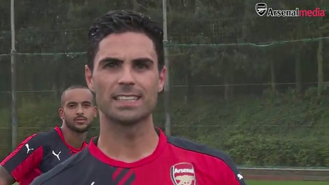Theo Walcott and Mikel Arteta take on dizzy goals challenge