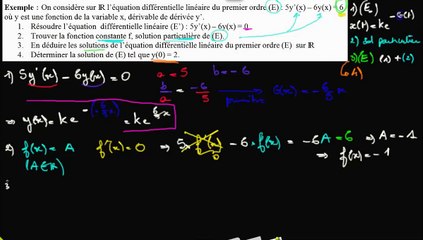 Résoudre 5y' - 6y = 6 avec y(0) = 2 : c) solutions générales de (E)