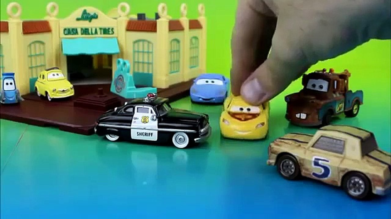 Disney Pixar Cars Mater's Cousin Jud & Lightning McQueen go through obstacle course tractors fire