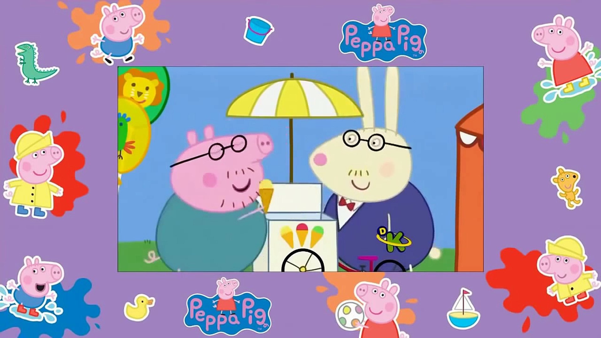 Peppa Pig, irmão George, e o Papai Pig na piscina brincando com as crianças