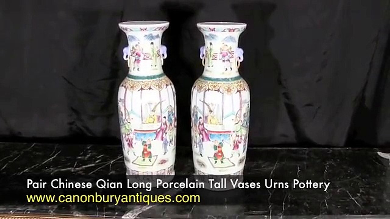 Pair Chinese Qian Long Porcelain Tall Vases Urns Pottery Ceramic
