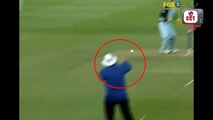 Umpire tries to catch the ball in order to save him