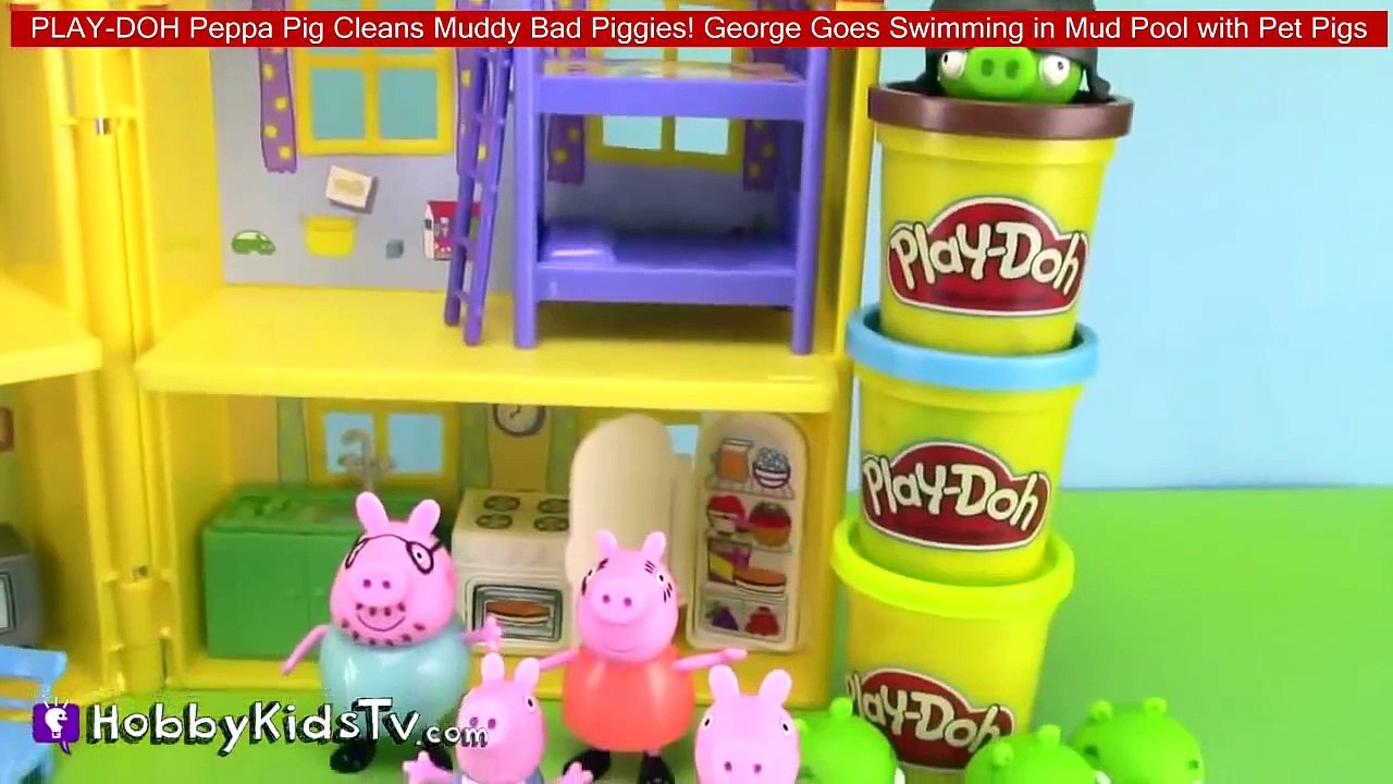 PLAY-DOH Peppa Pig Cleans Muddy Bad Piggies! George Goes Swimming in Mud Pool with Pet Pigs