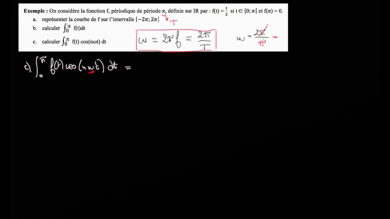 Application : c) calcul de l'intégrale de f(t) cos(nwt) sur 0 ; pi] (1) réduction