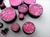 Black Steel Plugs With Pink Druzy Stone Inlay (4G - 1 Inch)