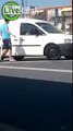 Van crashes into car and drives into pedestrian.