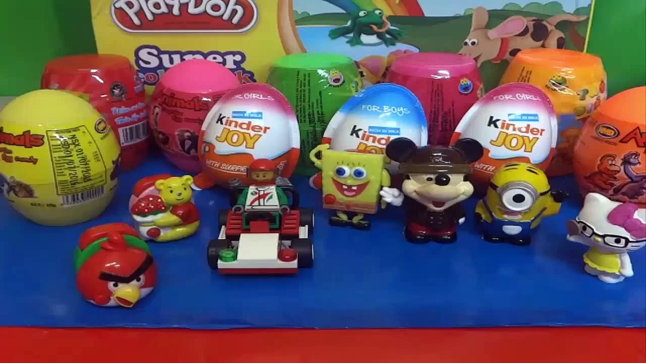 surprise eggs mickey spongebob minions anrybids play doh leg