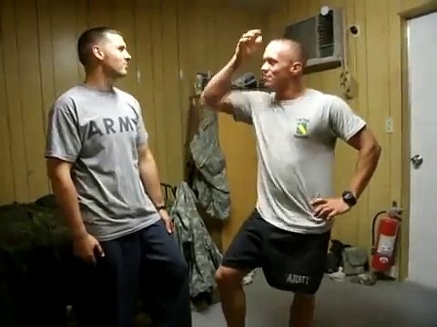 Two American soldiers lonely, jump Barbie Girl in there dorm