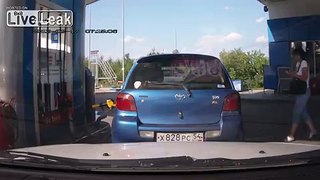 Woman driver fails at gas station!
