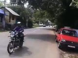 Nasty bike accident caught on camera.. Guy skidded and collided against a brick wall.. I doubt he survived .. Not wearing a helmet.. Volume warning