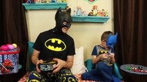 Batman and Little Batman Superheroes Guessing Game with Surprise Eggs and Spiderman Toy Box