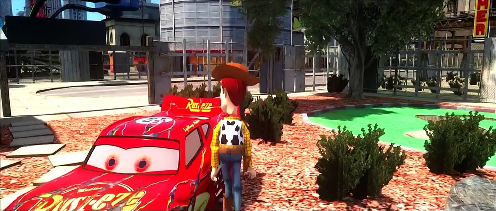 Toy Story Sheriff Woody plays with Disney Pixar Cars Lightning McQueen Custom Zombie