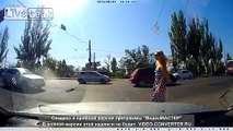 Brutal T bone scooter accident lucky pedestrians